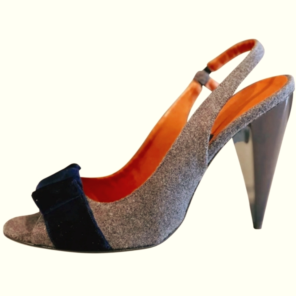 Lanvin grey wool sandals with blue velvet bow. Worn once.